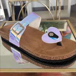 Holographic Slide Sandals with Heart Accent